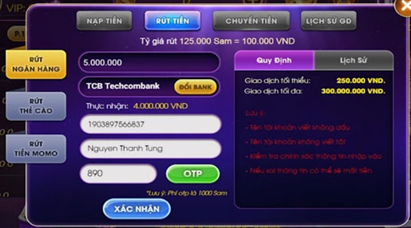 Nạp tiền Sumvip dễ dàng qua chuyển khoản